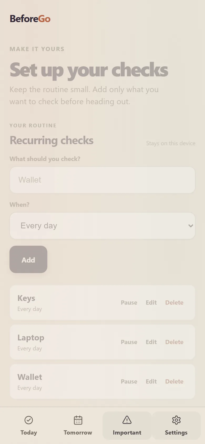 BeforeGo Settings recurring checks